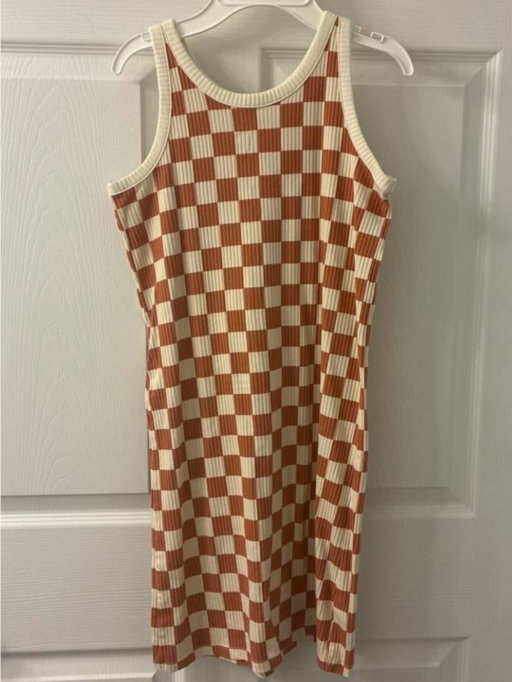 Old Navy Ribbed Checkerboard Tank Dress in Cream and Brown